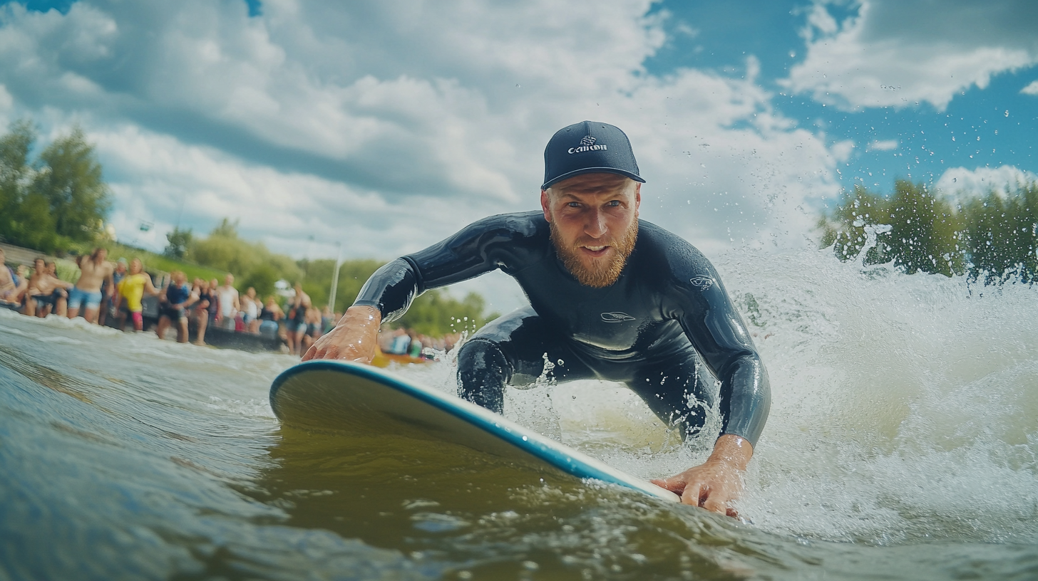 Man surfing with determination, cheered by supporters. Summer day.