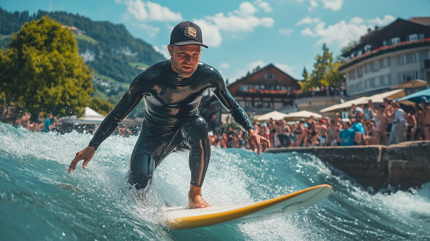 Man surfing with determination, people cheering on summer day.