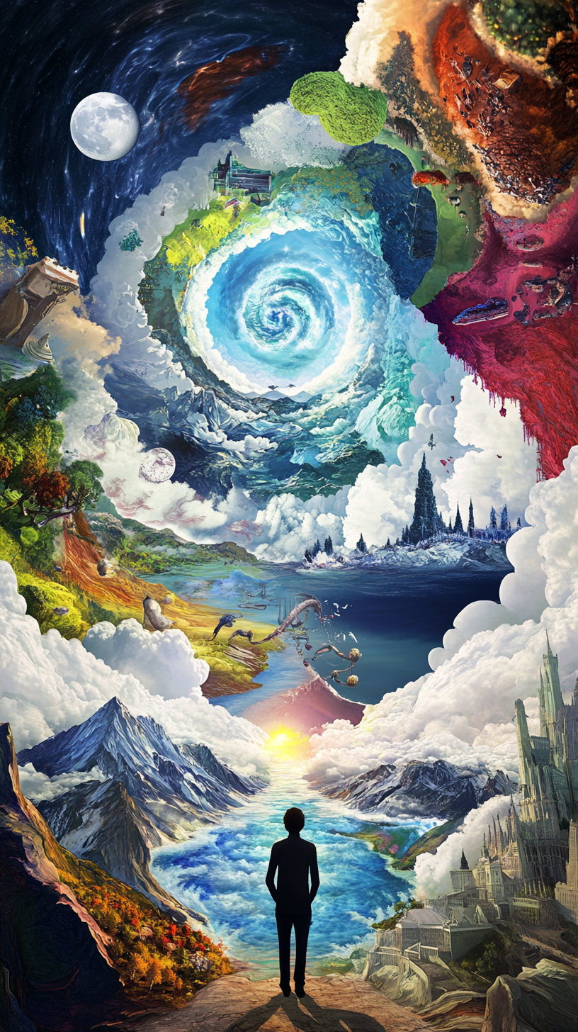 Man surrounded by surreal landscapes, fantasy creatures, and vibrant colors.