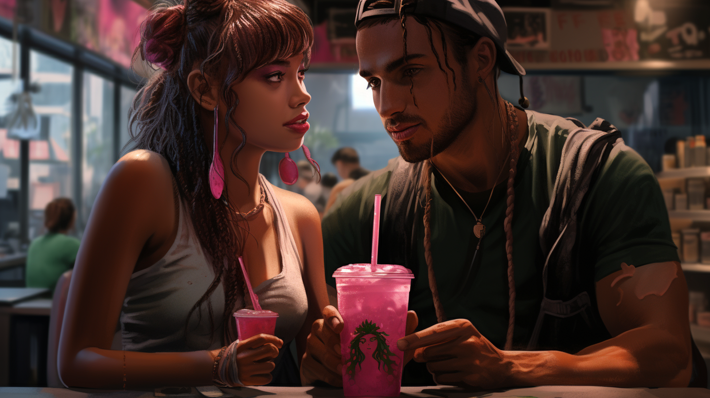 Man sweating from hot dragonfruit Starbucks, woman enjoying cool drink.