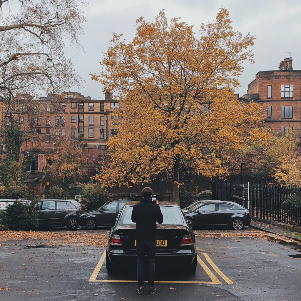 Man taking photo of car in Manchester parking lot.