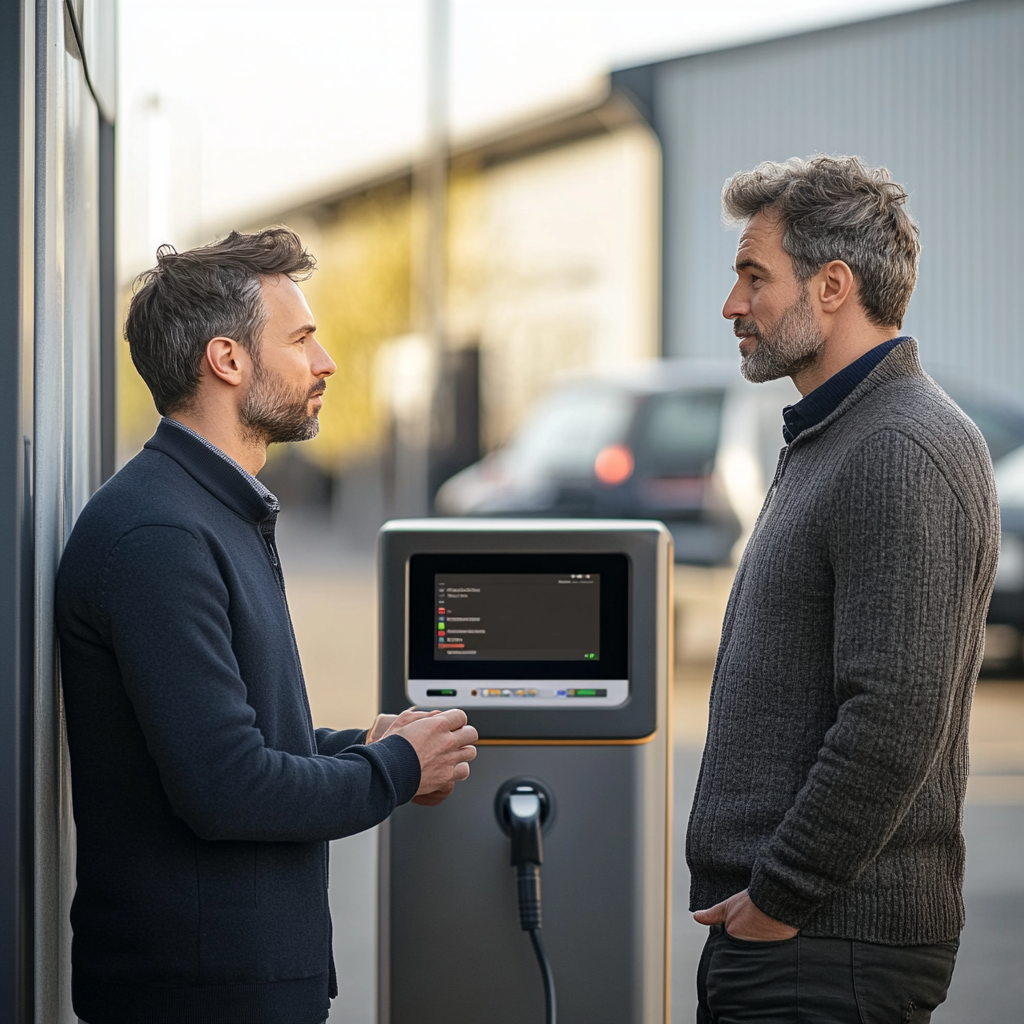 Man talks to sales rep by charging vehicle