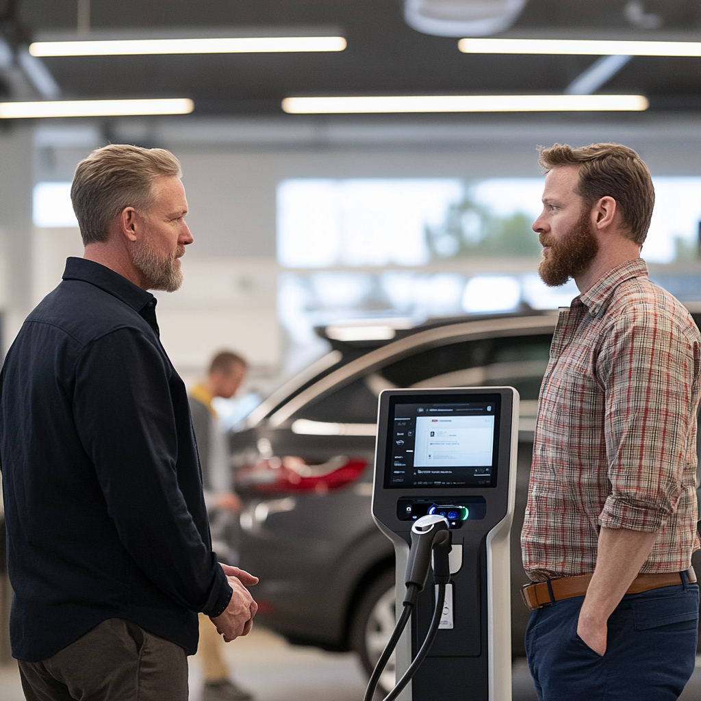 Man talks to salesperson at charging station