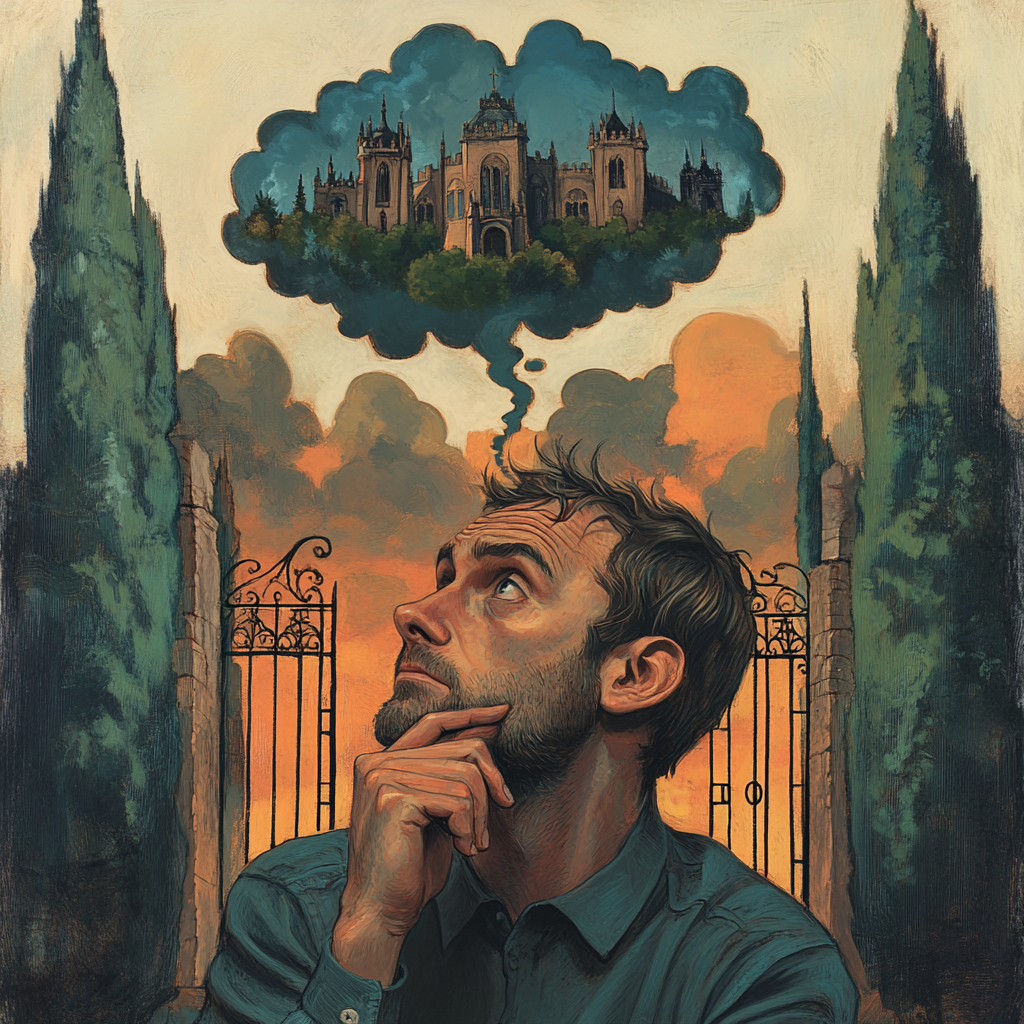 Man thinking with thought bubble of large mansion twilight sky