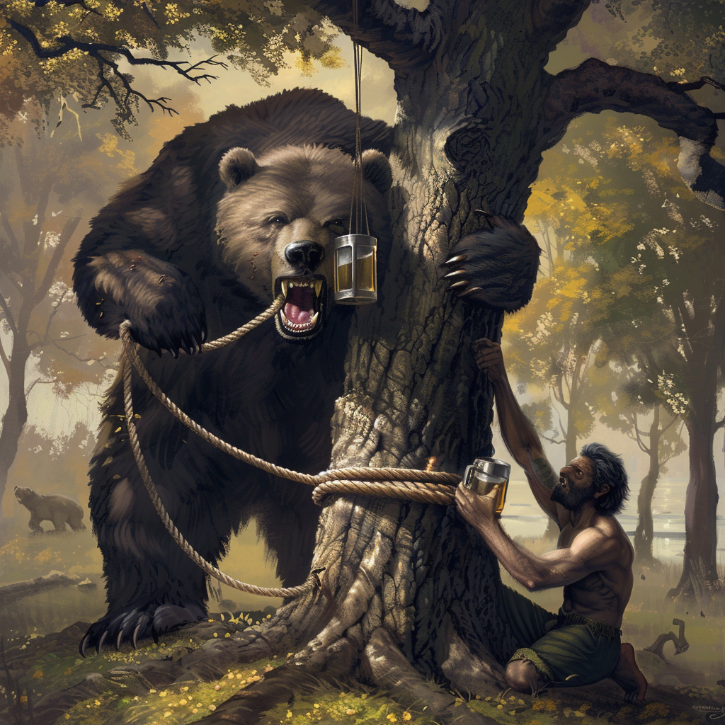 Man tied to tree, bear with beer mug.