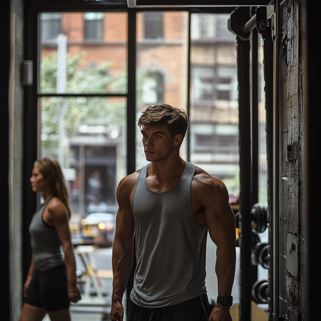 Man training gym, woman walking by, 50mm camera