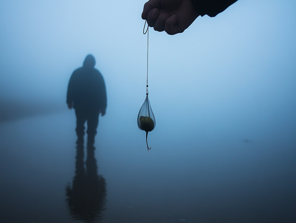 Man tries to catch blowfish in foggy dawn