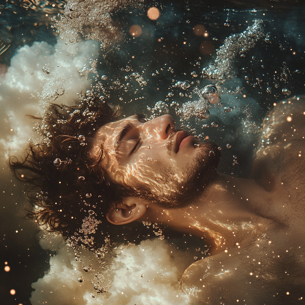 Man underwater in constellations, breathing bubbles, eyes closed.