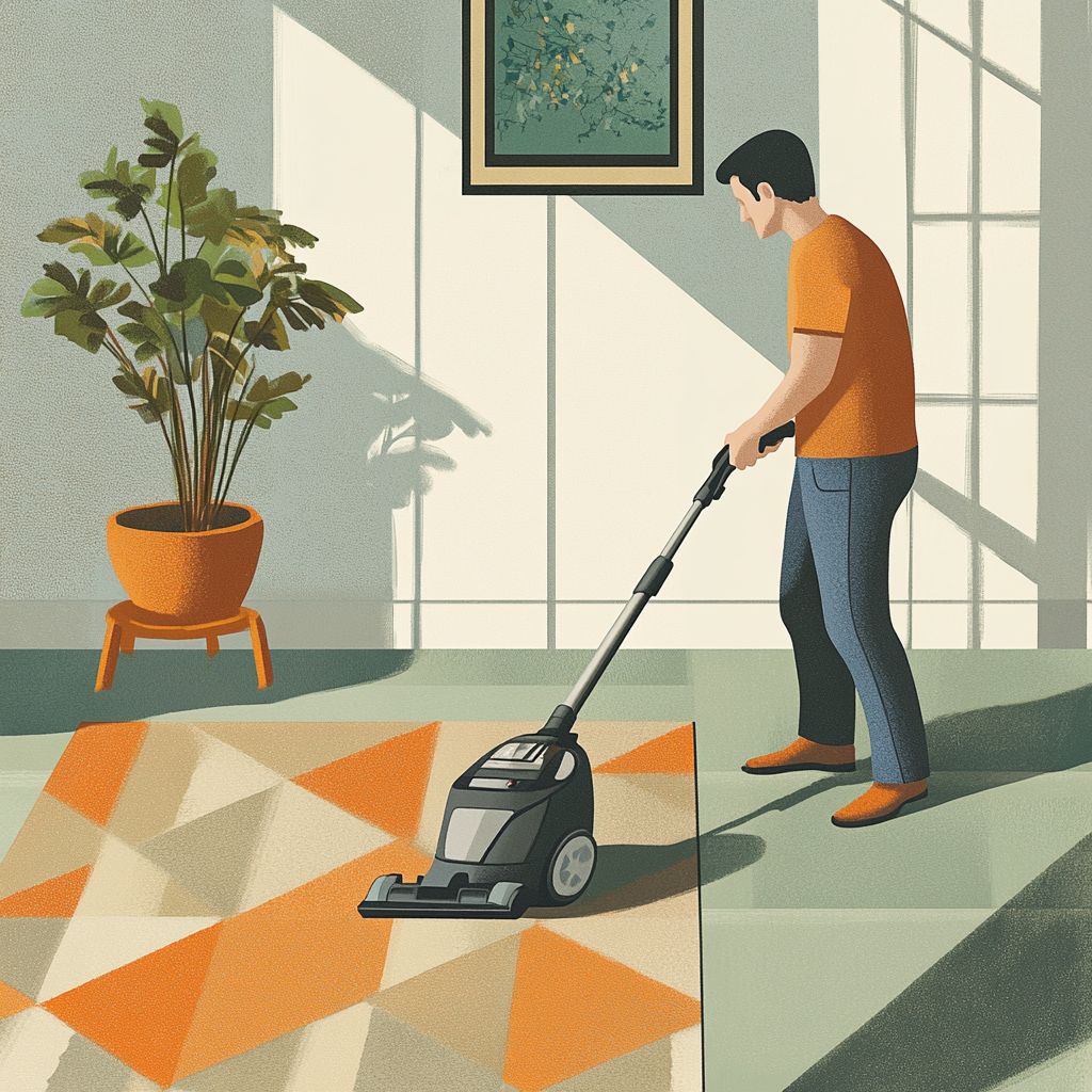 Man vacuuming carpet in John Holcroft style