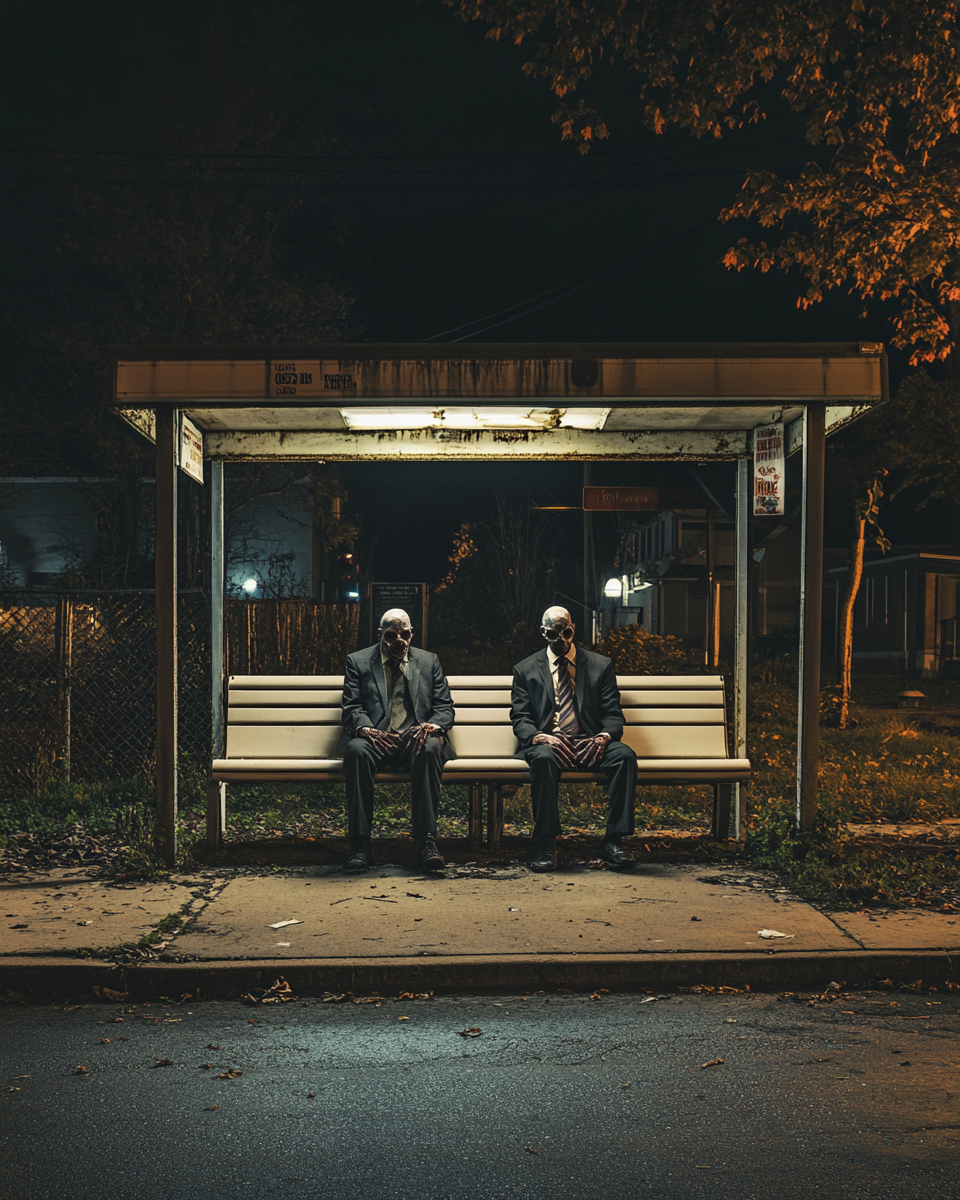 Man waits for bus near two headless zombies