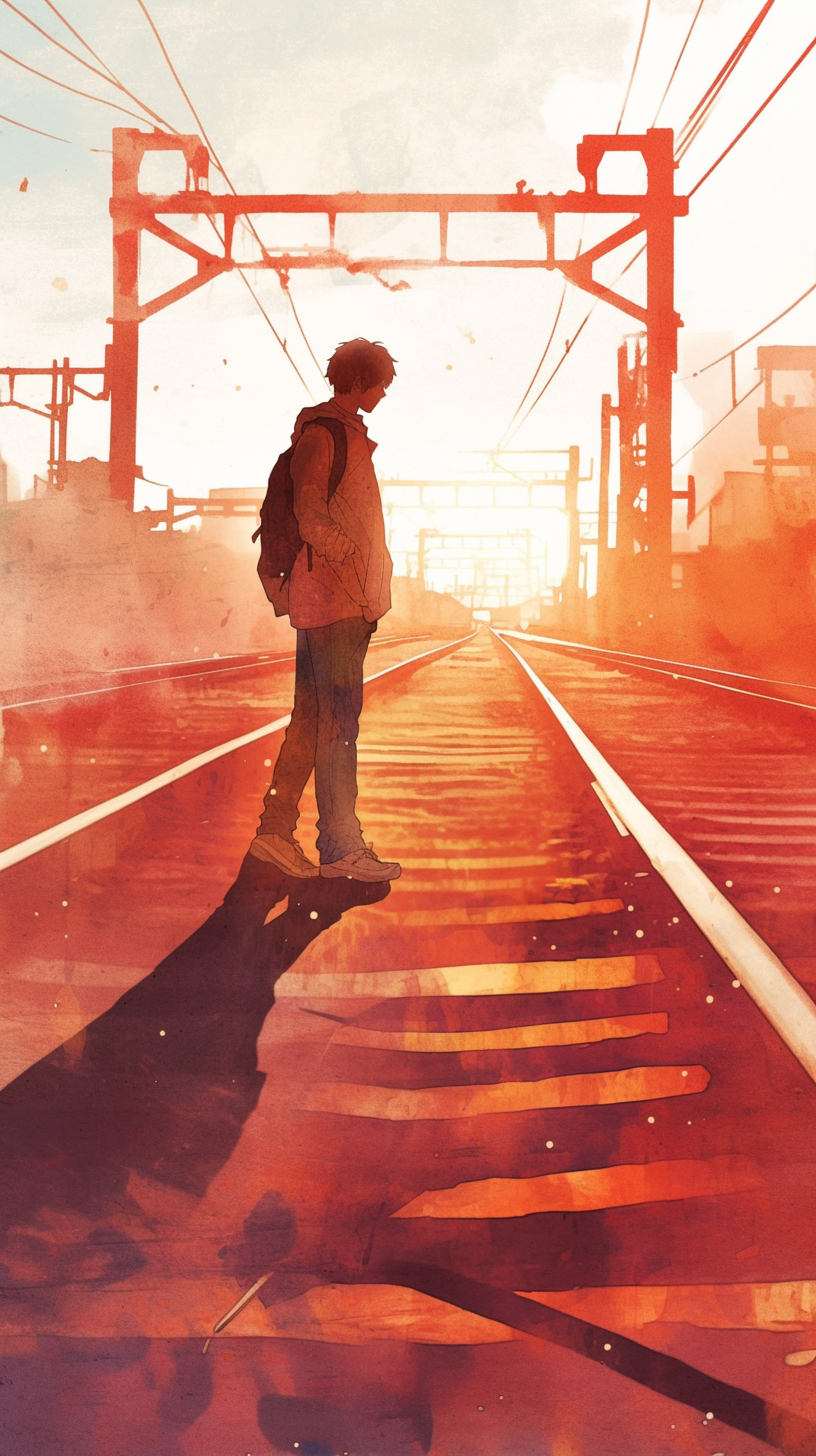 Man walking on railroad tracks at sunset, shadows lengthening.