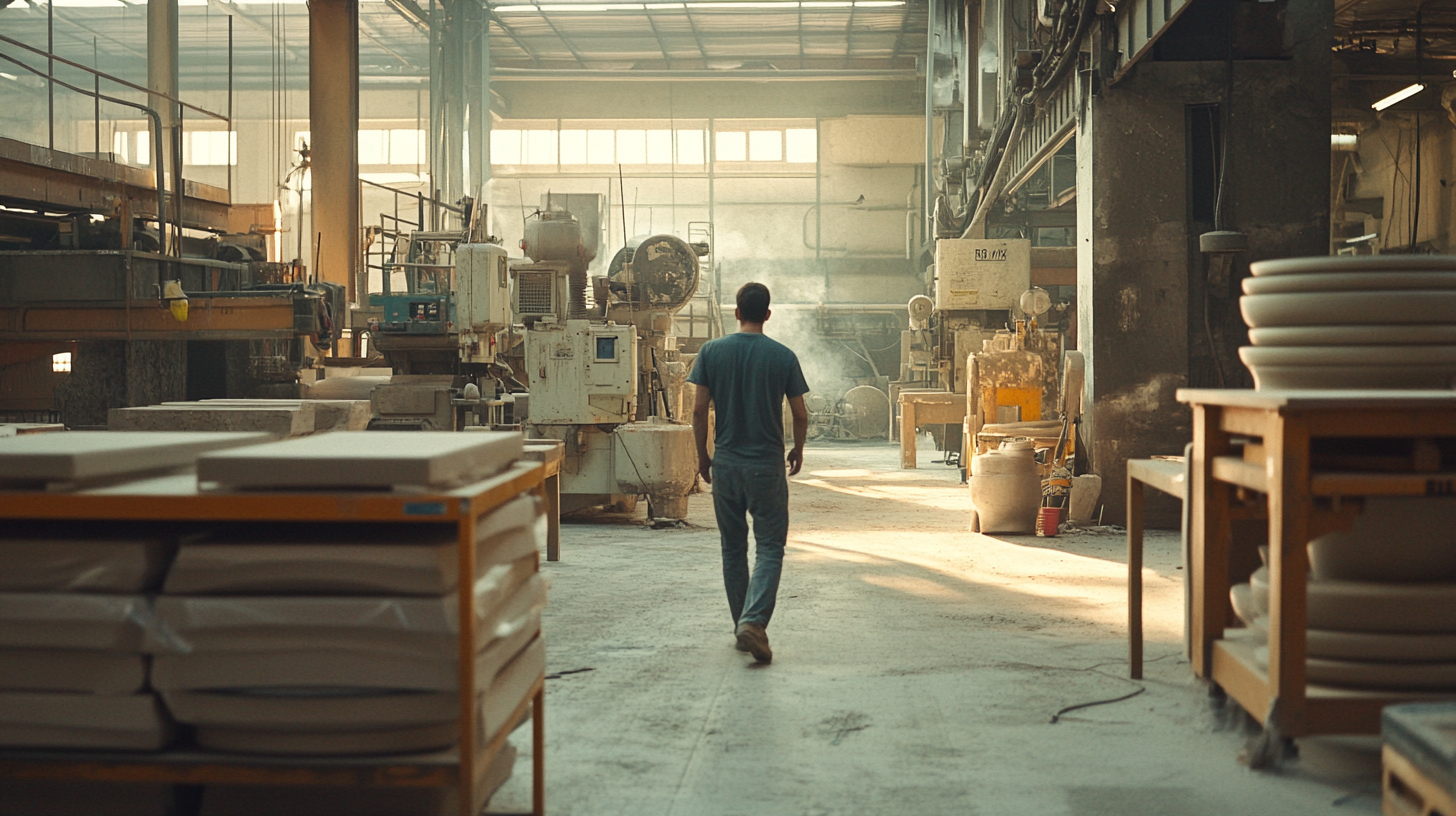 Man walks through ceramics plant with workers, machinery.