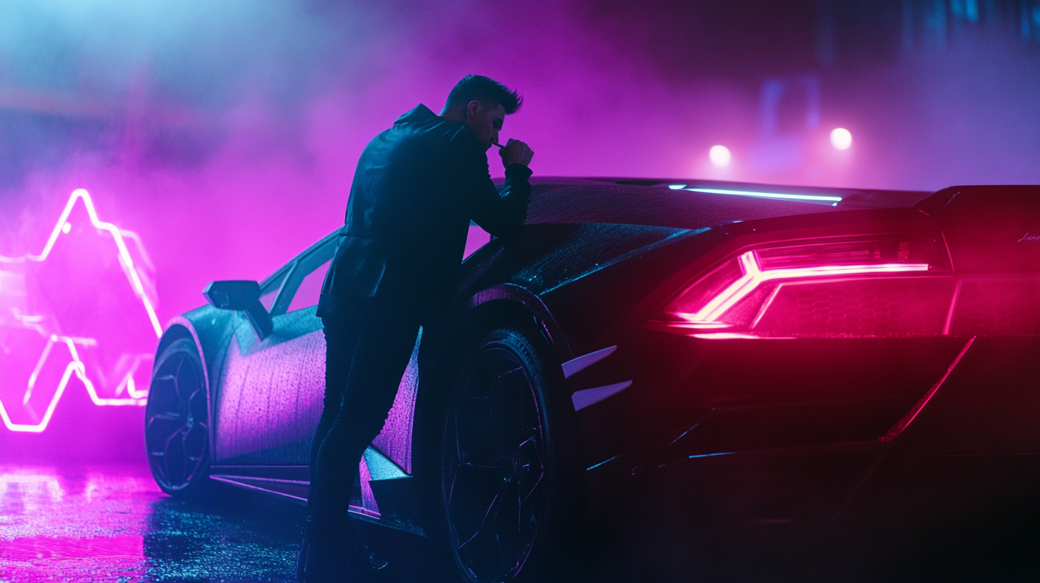 Man with Cigarette Leaning on Black Lamborghini at Night