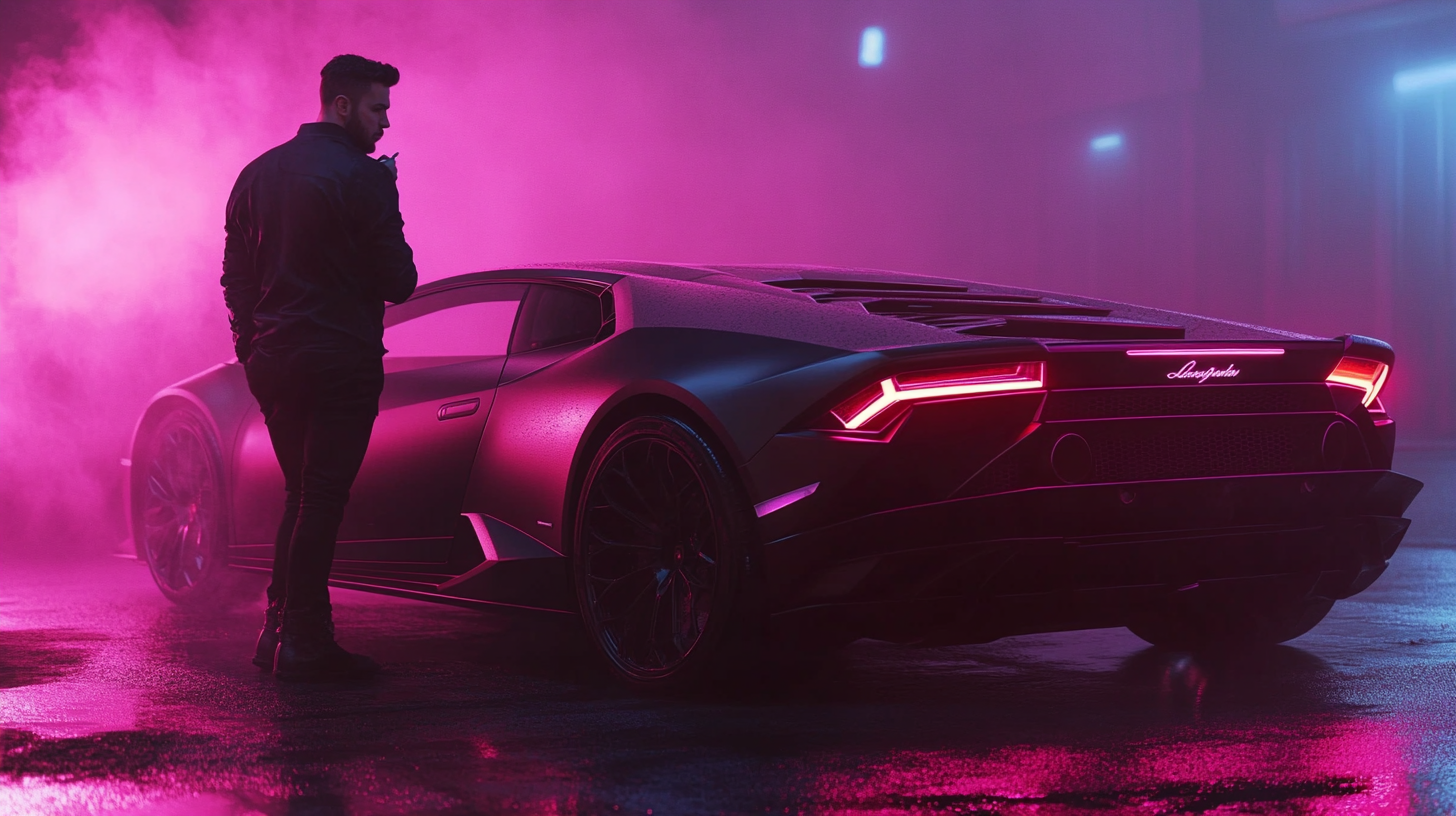 Man with Cigarette by Neon-Lit Lamborghini at Night