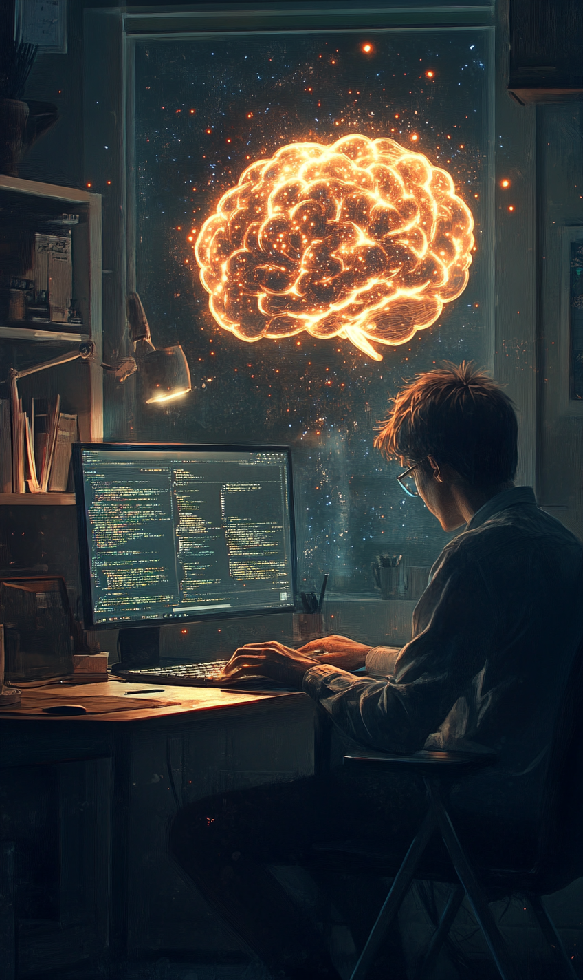 Man with Glowing Brain Working on Computer