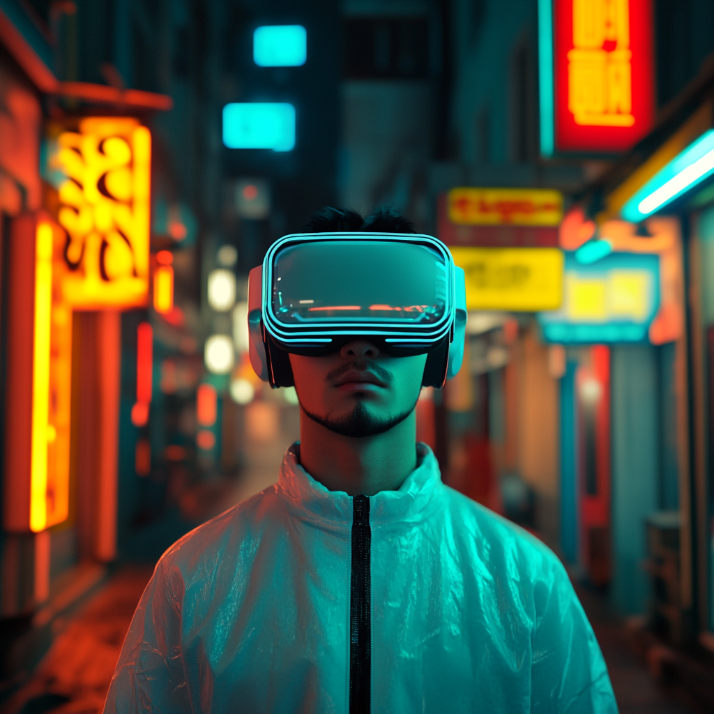 Man with VR helmet in surreal cyberpunk city.