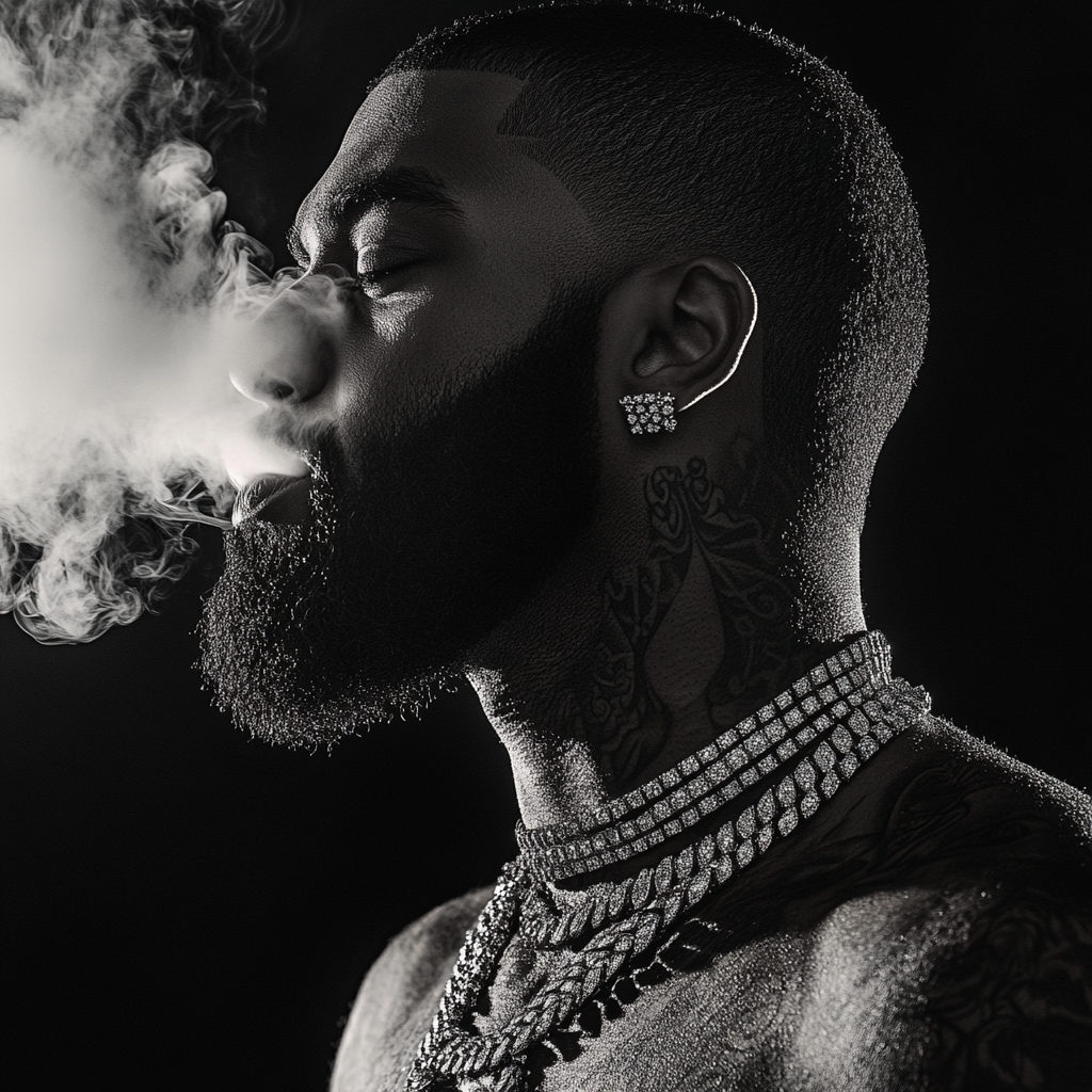 Man with beard, diamonds exhaling smoke, tattoos, dramatic lighting.