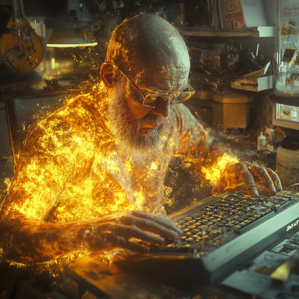 Man with beard and glasses melting into desk.