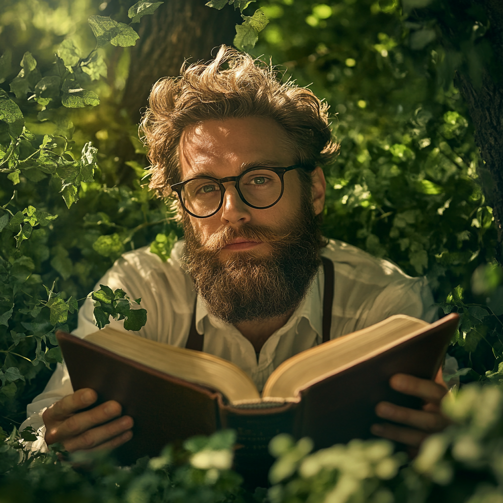 Man with beard and glasses reads Bible in nature.