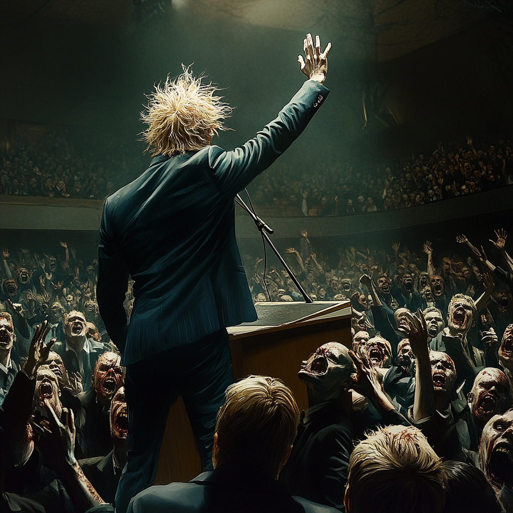 Man with bleached hair in blue suit speaks to zombies.