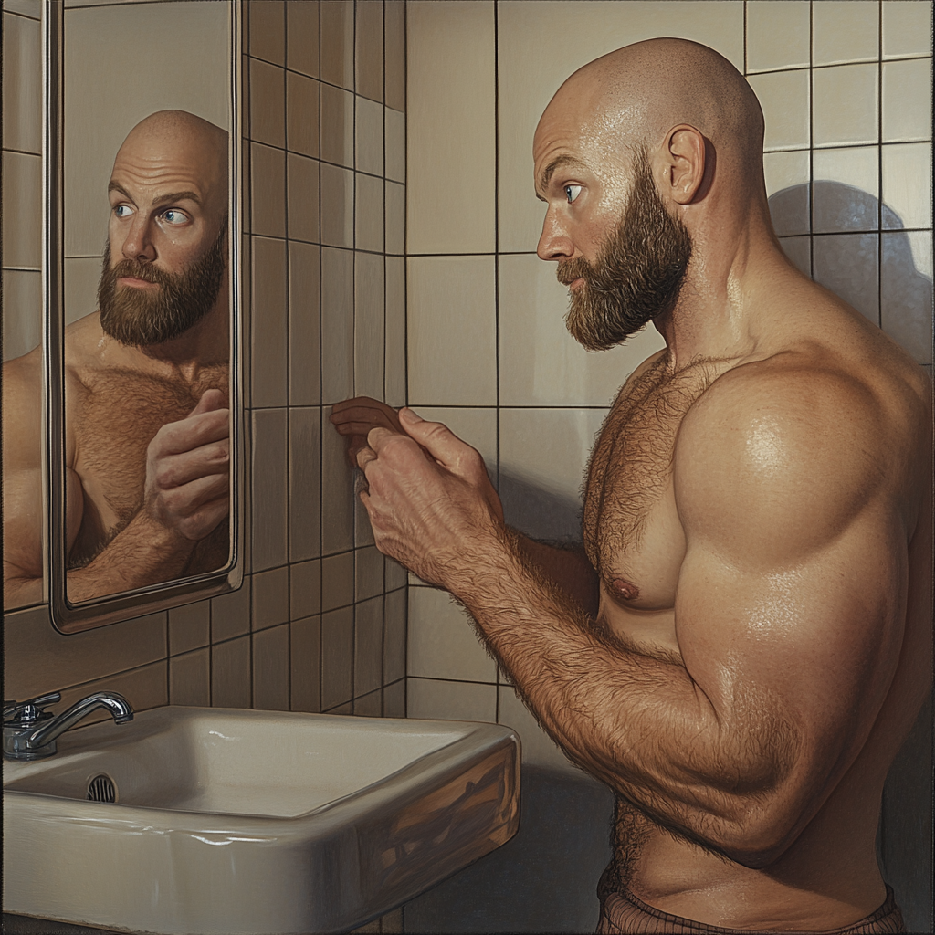 Man with broad shoulders, bald, dark brown beard, blue eyes.