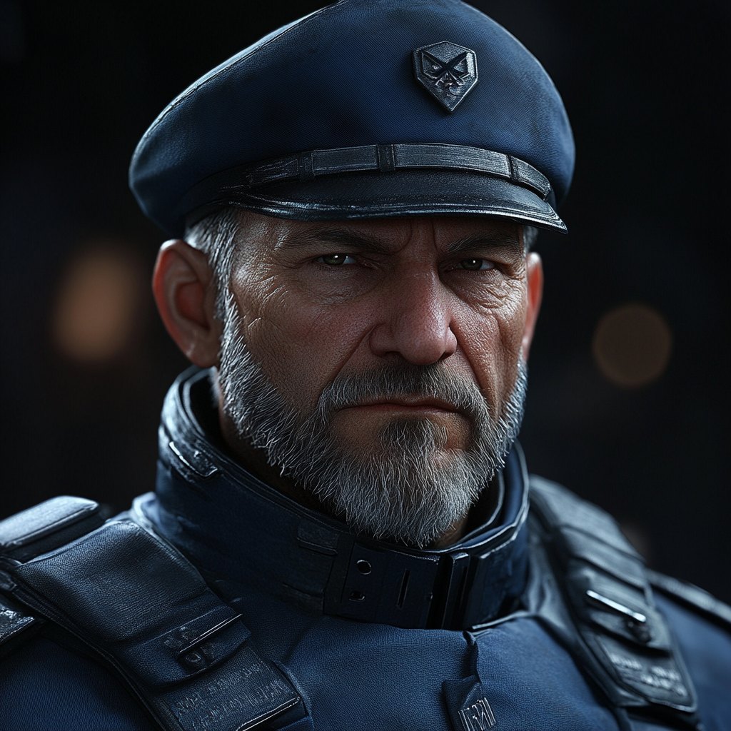 Man with commanding presence in blue military uniform.