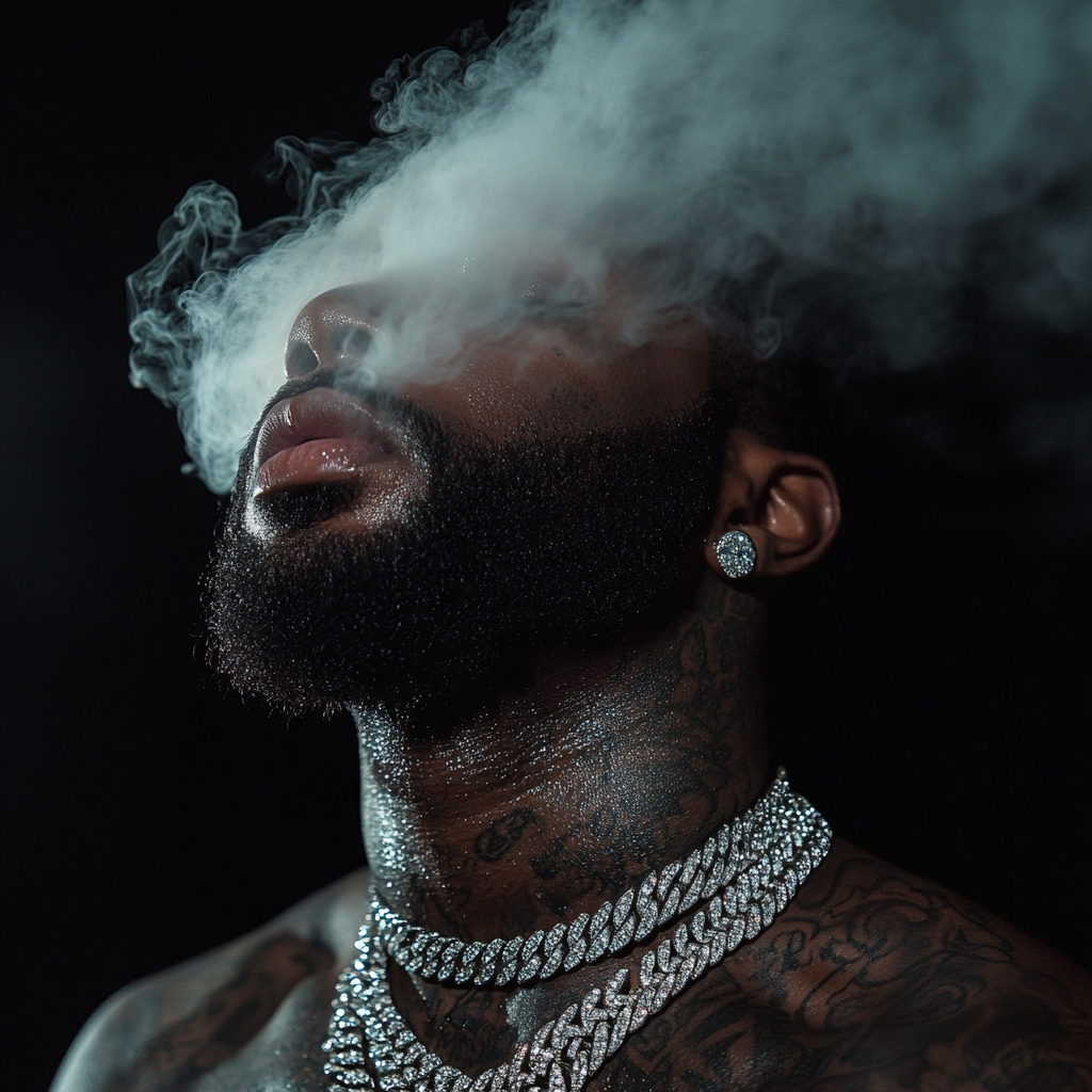 Man with dark skin, beard, smoky breath, diamonds, tattoos.