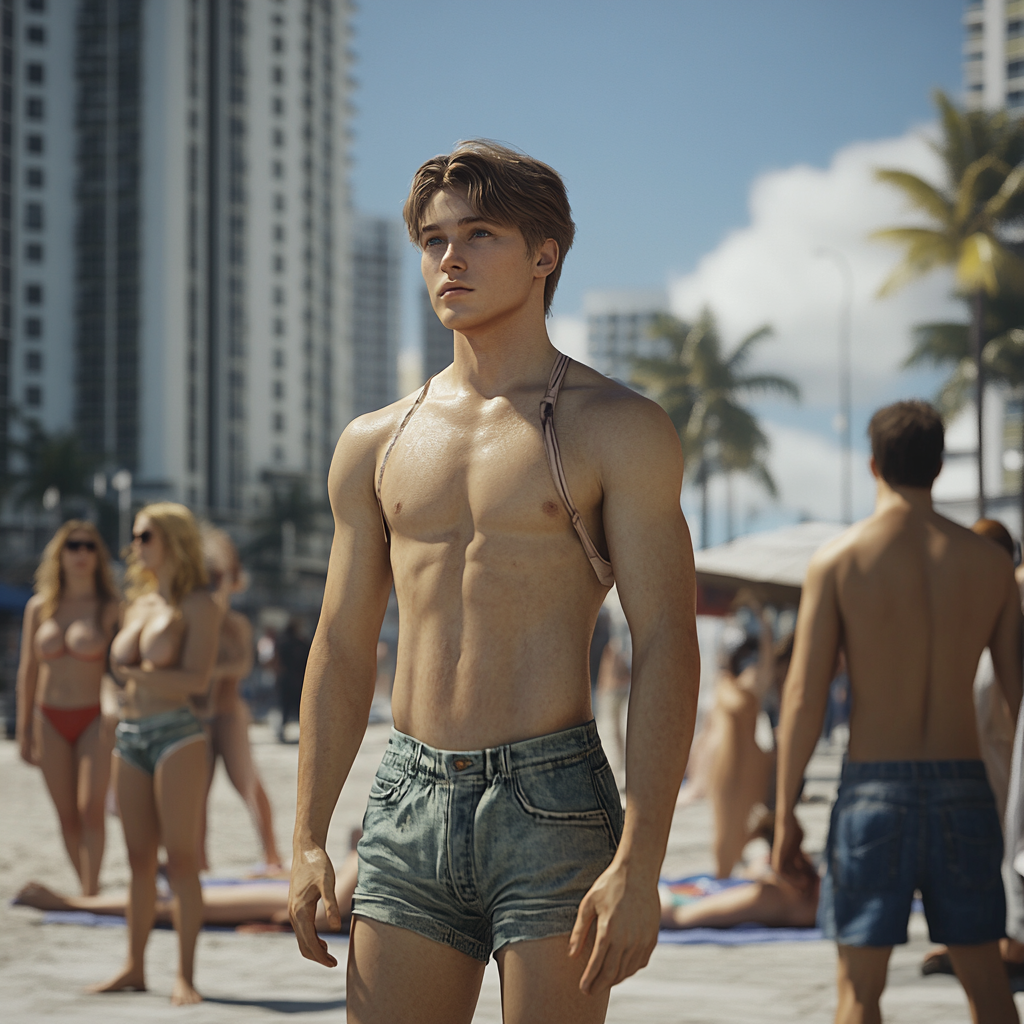 Man with feminine appearance wearing tank top and shorts.