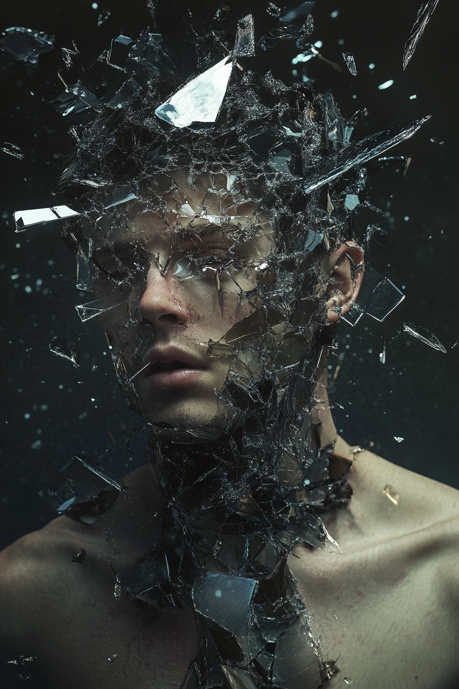 Man with glass shards emerging from body, dark creature.