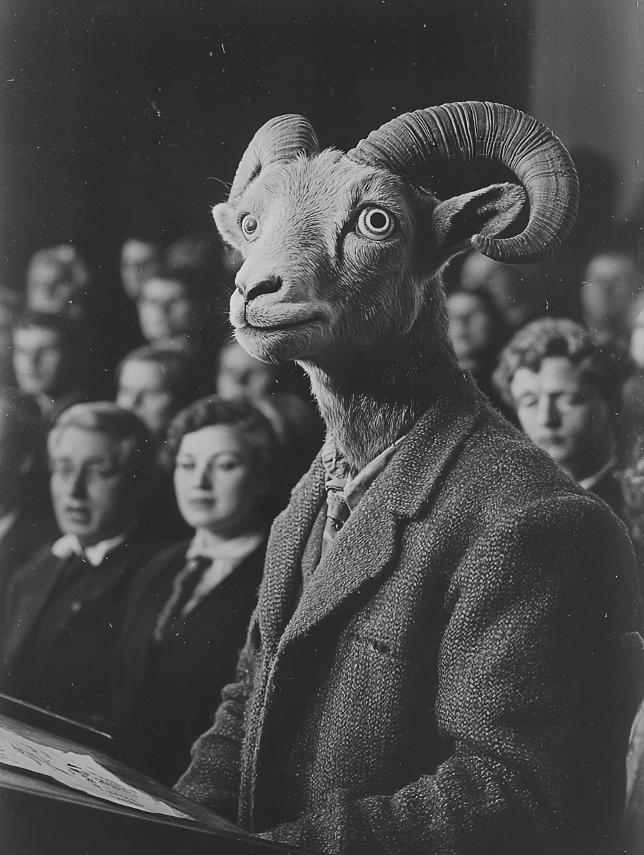 Man with goat face speaks at lectern.