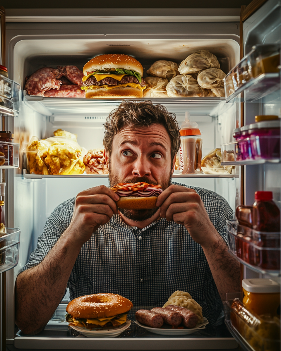 Man with hamburger looks into full fridge.