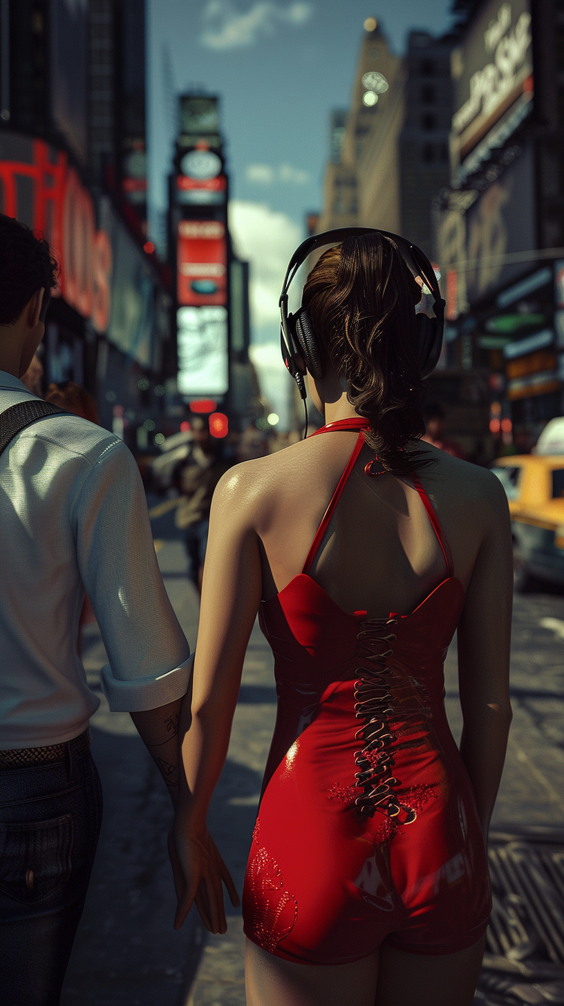 Man with headset distracted by beautiful woman in red dress.