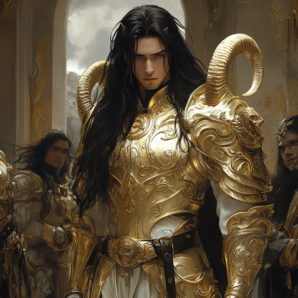 Man with long hair in gold armor, Aries-like.