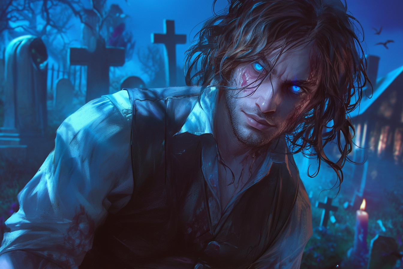 Man with messy brown hair and blue eyes in graveyard.