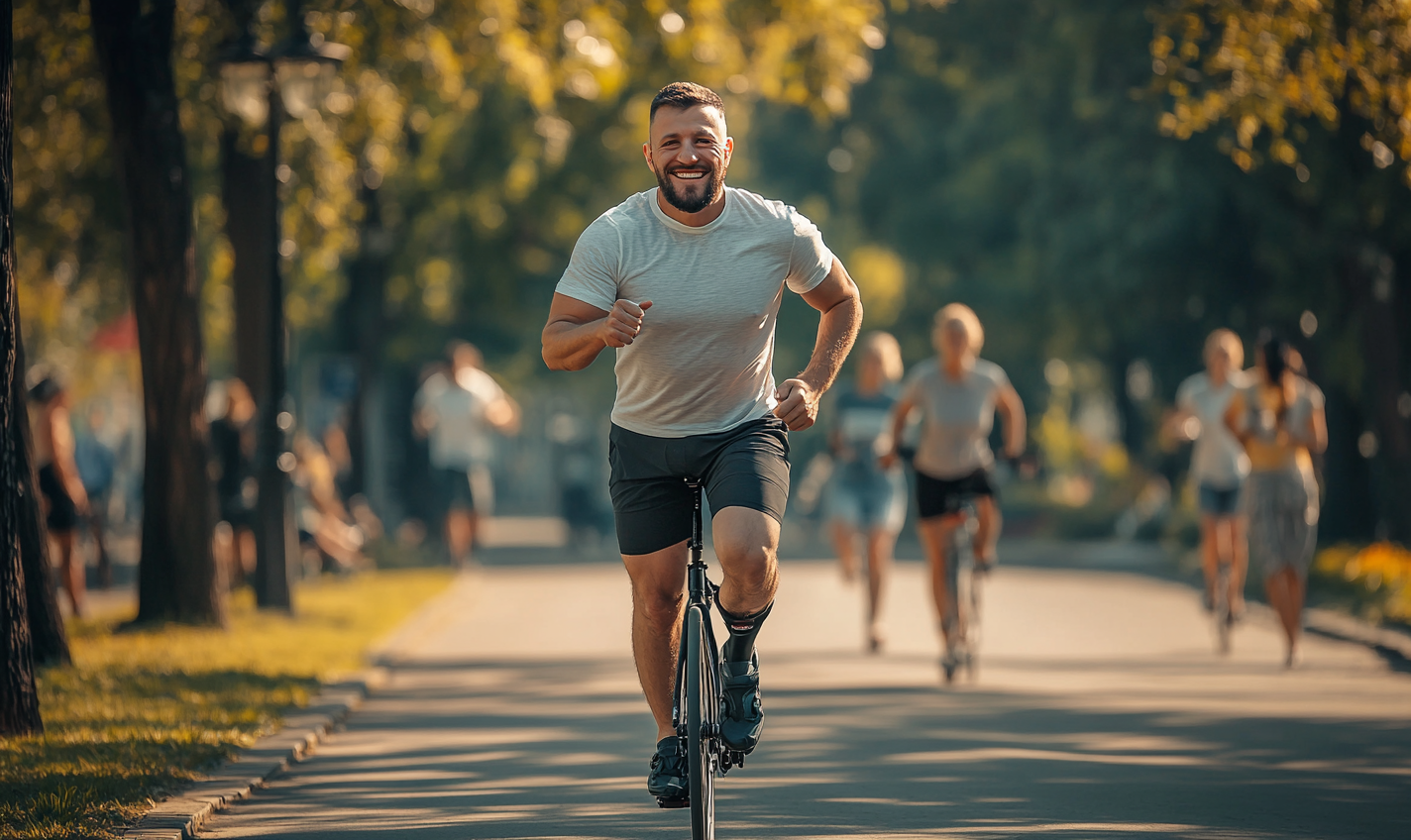 Man with prosthetic leg runs in park happily.