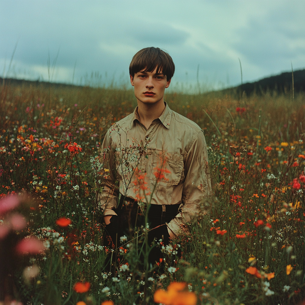 Man with short brown hair in wildflower meadow portrait.