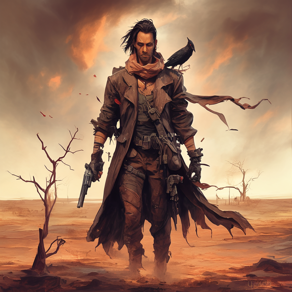 Man with sword and gun, demon crow, desert landscape.