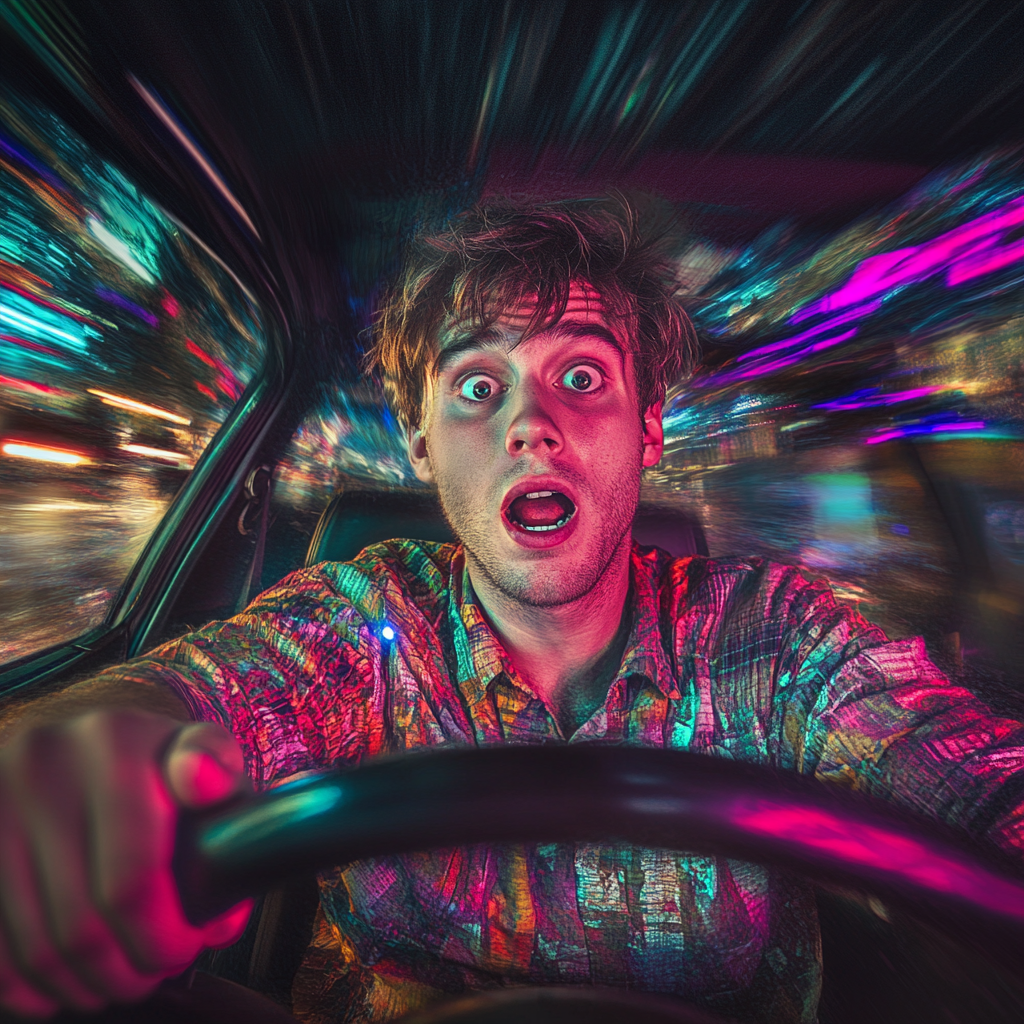 Man with wild eyes, high, driving through construction site.