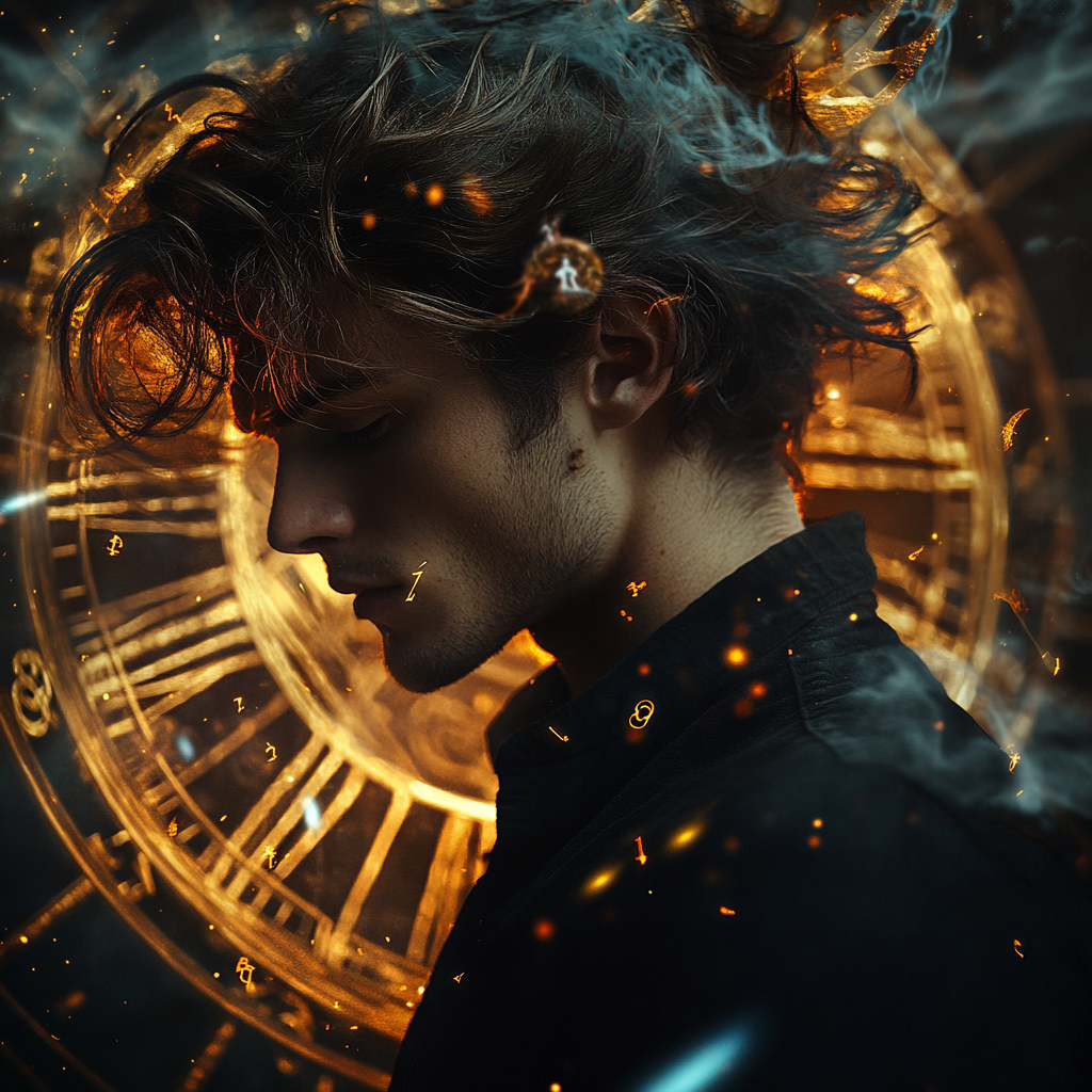 Man with windblown hair surrounded by spinning clock and zodiac fairies.