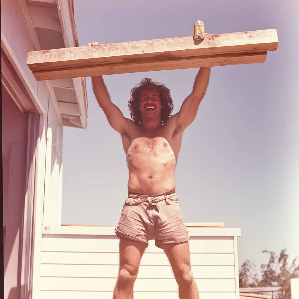 Man working hard on deck construction 1970s summer beer.