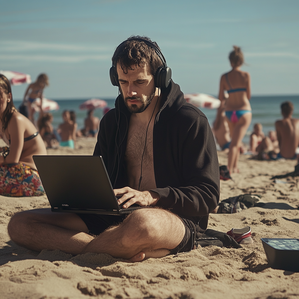 Man working on laptop at beach while women play.