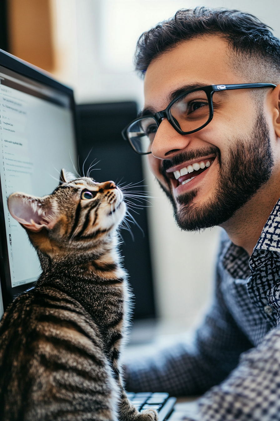 Manager in video meeting with cat trying to join in.