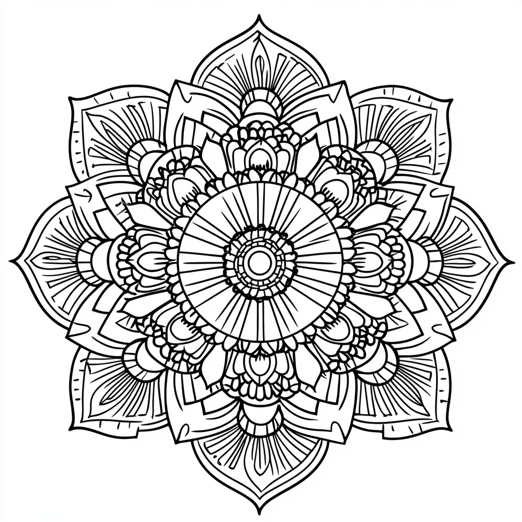 Mandala coloring page for kids with geometric patterns.