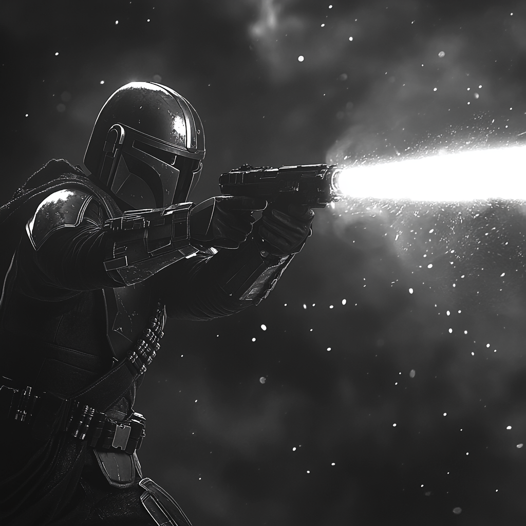 Mandalorian shooting blaster in cinematic black and grey photography. 