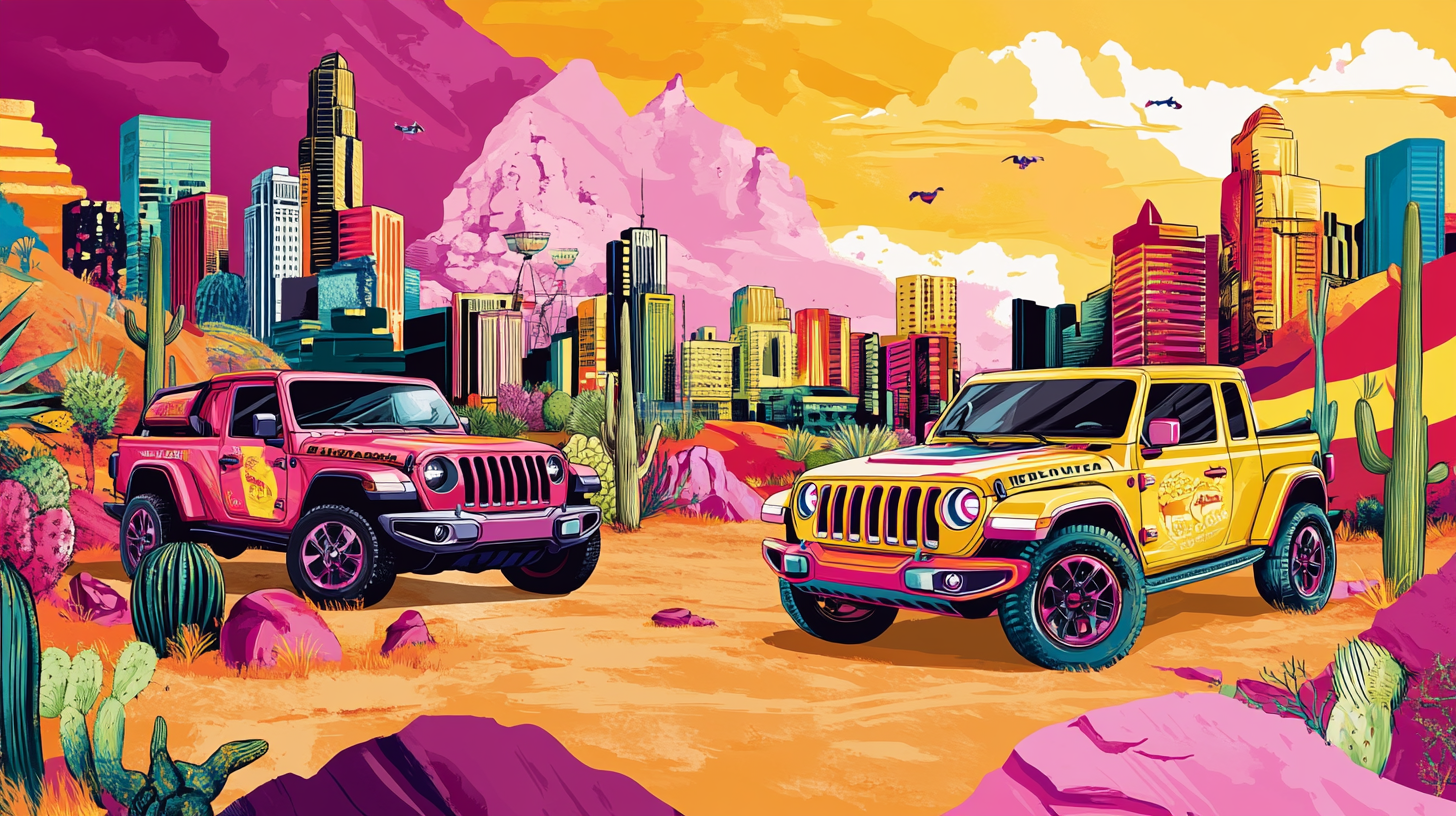 Manga-style cartoon of Jeep and Audi in Arizona desert.