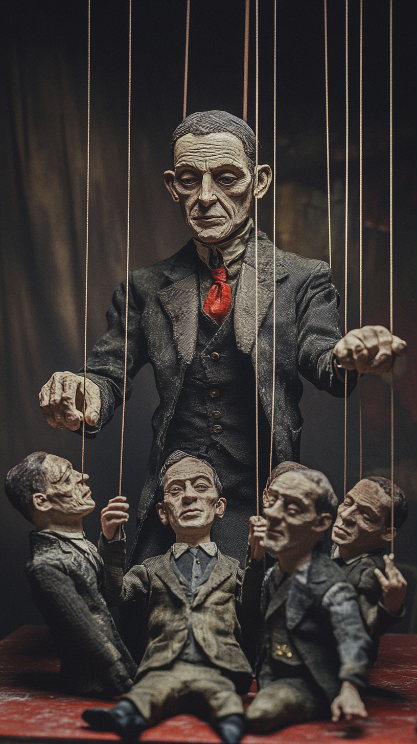 Manipulative person controls others with puppet strings, dramatic setting.