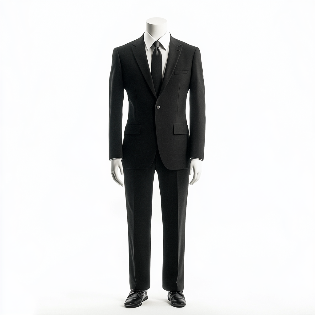 Mannequin in classic black suit with white background.