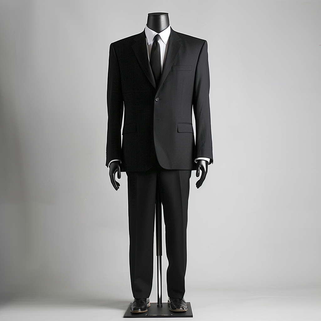 Mannequin in studio setting wears classic black suit clothes