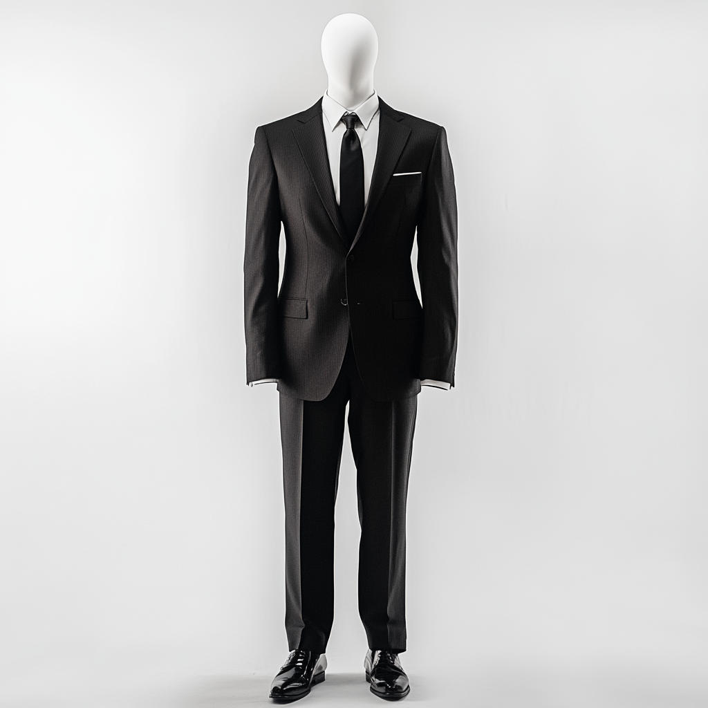 Mannequin in studio wearing tailored black suit, white background.