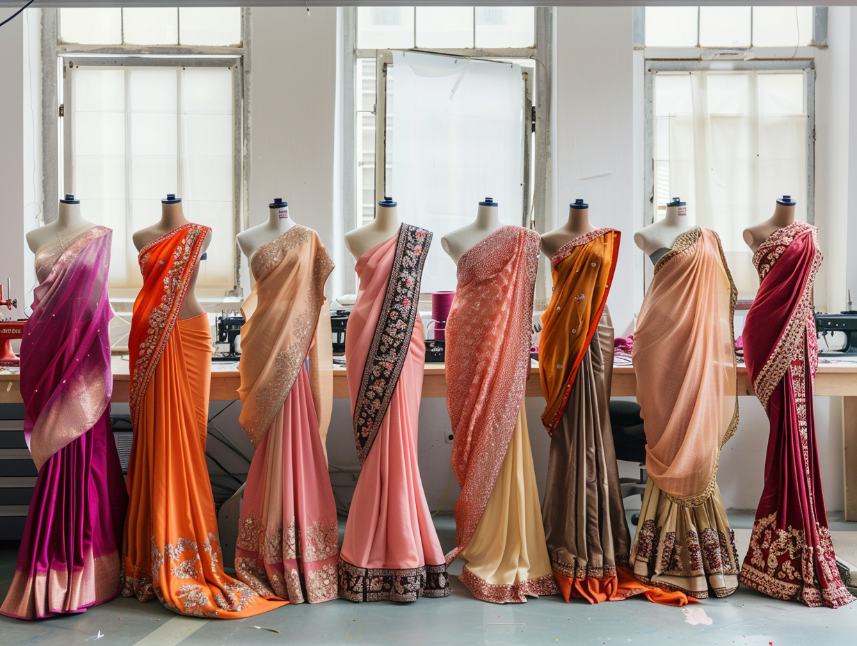 Mannequins in studio wearing sarees tailored for shapes.